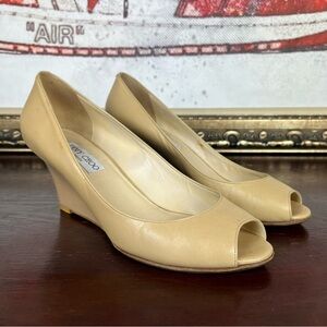 Jimmy Choo Peep-Toe Wedge Heels Nude Patent Leather Pumps Women's Size 9.5